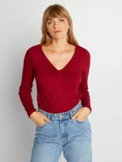 Camiseta De Manga Larga De Punto De Canalé - Rojo