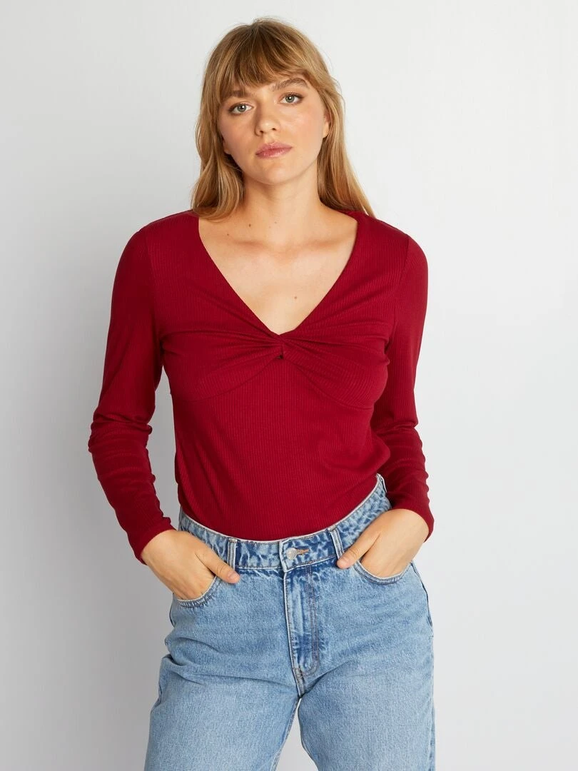 Camiseta De Manga Larga De Punto De Canalé - Rojo 3 Camiseta De Manga Larga De Punto De Canalé - Rojo