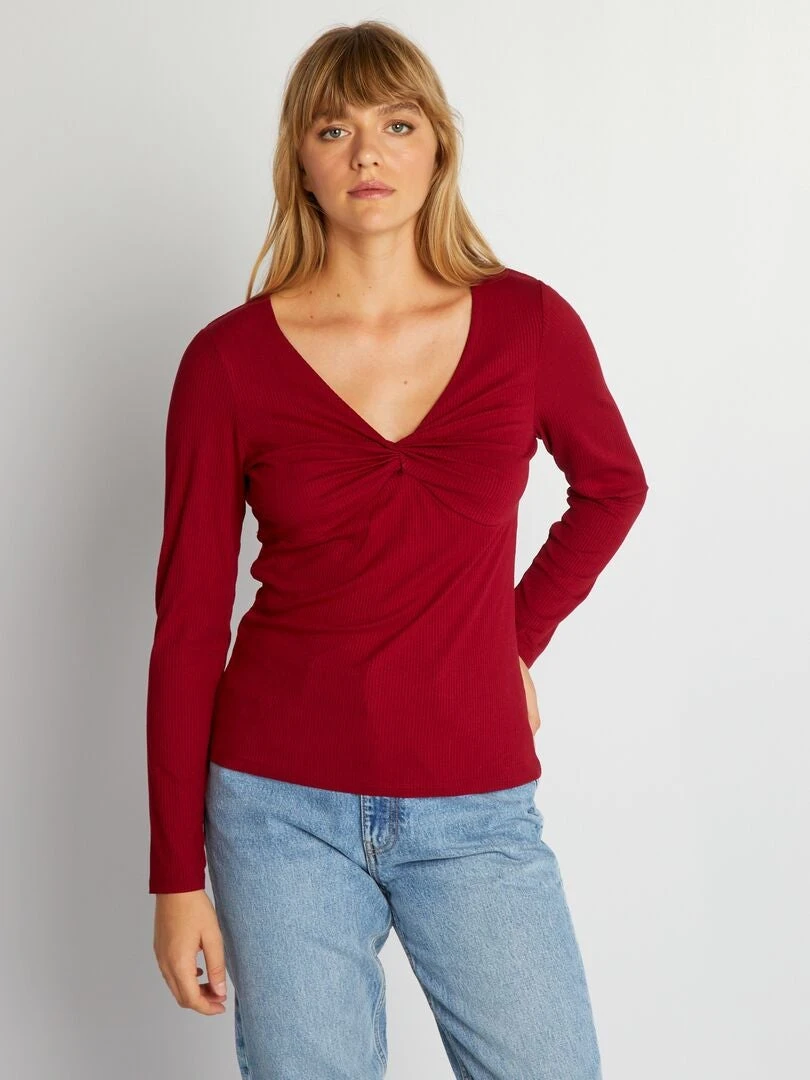 Camiseta De Manga Larga De Punto De Canalé - Rojo 5 Camiseta De Manga Larga De Punto De Canalé - Rojo - Imagen 3