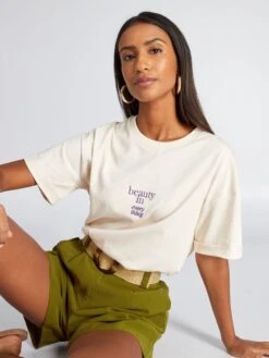 Camiseta De Punto Con Bordado - BEIGE