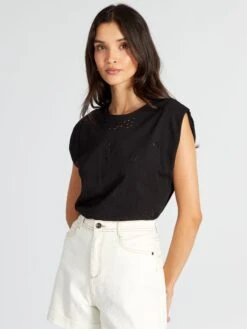 Camiseta De Punto De Canalé Con Calados - Negro