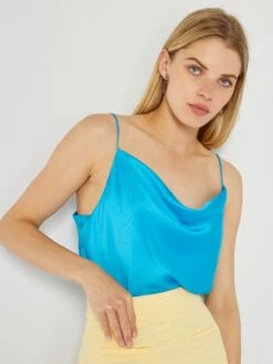 Camiseta De Tirantes Con Cuello Drapeado - Azul -Zalaris Tienda camiseta de tirantes con cuello drapeado azul aup28 1 frb5