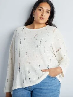 Camiseta Larga De Manga Larga Con Acabados Ondulados - AS BEIGE