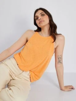 Camiseta Lisa De Tirantes Con Lino - Naranja Albaricoque