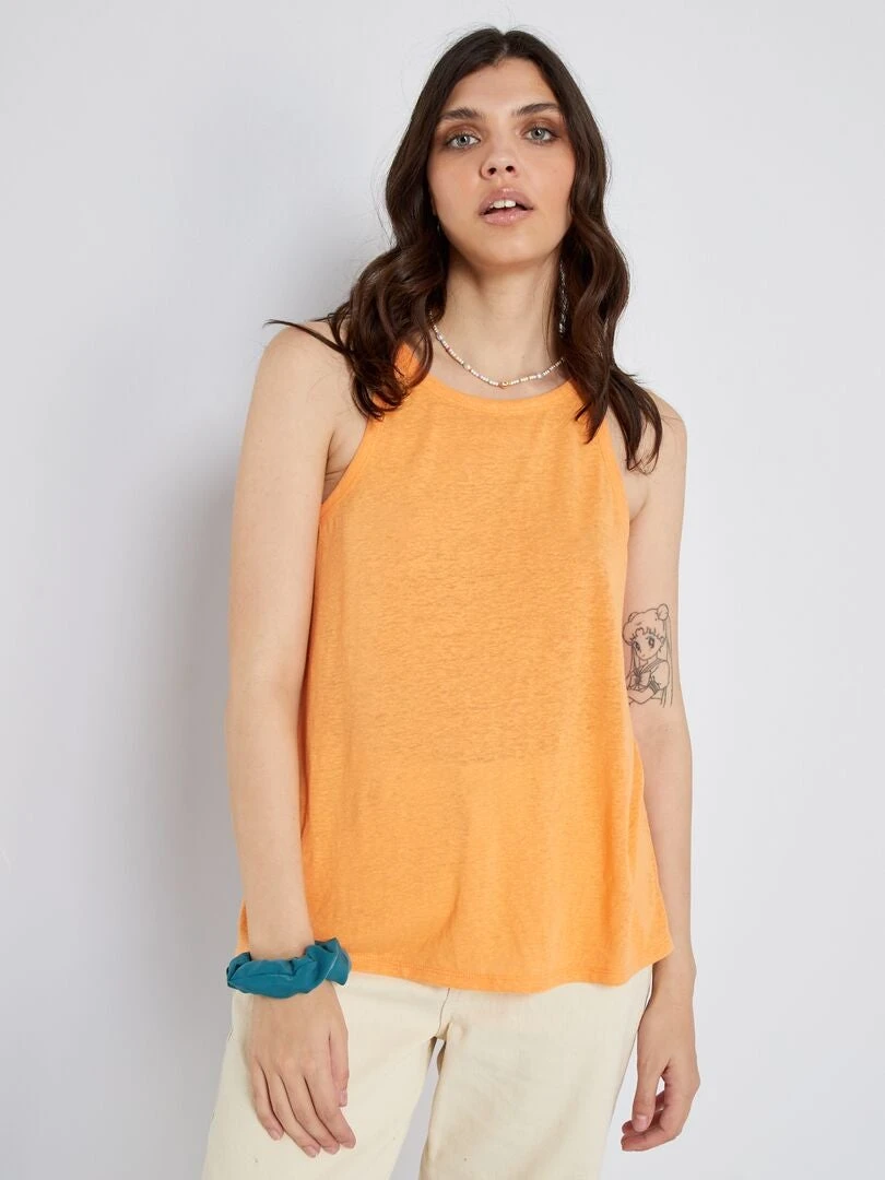 Camiseta Lisa De Tirantes Con Lino - Naranja Albaricoque 6 Camiseta Lisa De Tirantes Con Lino - Naranja Albaricoque - Imagen 4
