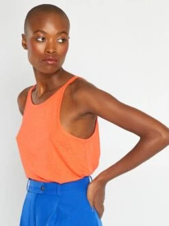 Camiseta Lisa De Tirantes Con Lino - Rojo Coral