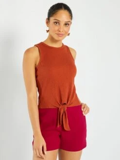 Camiseta Sin Mangas Con Cordón Anudable - Marrón