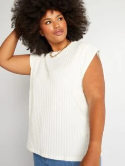 Camiseta Sin Mangas De Punto De Canalé Con Sisa Ancha - Beige -Zalaris Tienda camiseta sin mangas de punto de canale con sisa ancha beige azz97 1 frb3