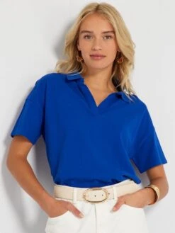 Camiseta Tipo Polo De Piqué De Algodón - AZUL