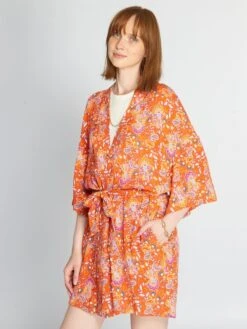 Chaqueta Tipo Kimono Estampada Con Cinturón - NARANJA -Zalaris Tienda chaqueta tipo kimono estampada con cinturon naranja add65 2 frb3