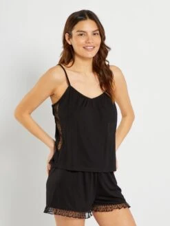 Conjunto De Pijama Corto Con Encaje - 2 Piezas - Negro