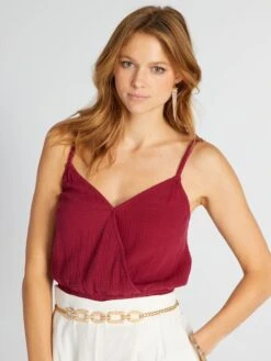 Crop Top De Gasa De Algodón Con Tirantes Trenzados - ROJO