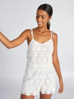 Crop Top De Macramé Con Tirantes Anudables - BLANCO