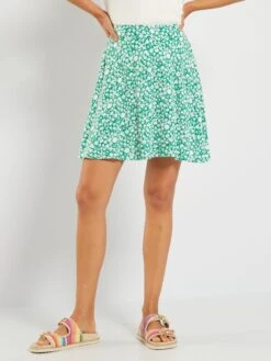Falda Corta Vaporosa Con Estampado De FantasÃa - VERDE
