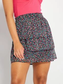 Falda Evasé Con Estampado Floral - NEGRO
