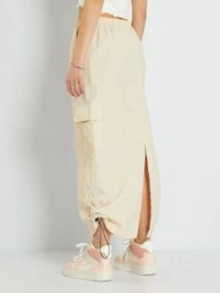 Falda Larga De Tela Parachute - BEIGE -Zalaris Tienda falda larga de tela parachute beige ail25 1 frb3