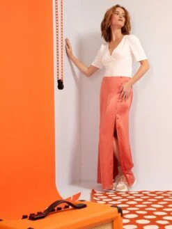 Falda Midi De Raso - NARANJA -Zalaris Tienda falda midi de raso naranja ack07 1 frb2