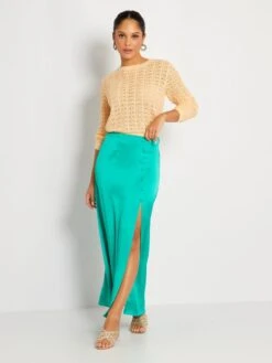 Falda Midi De Raso - Verde