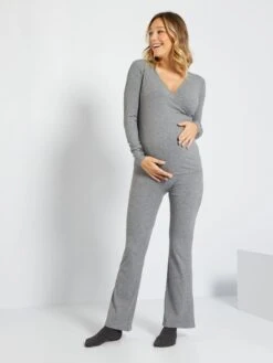 Kit De Lactancia De Punto De Canalé - 2 Piezas - GRIS -Zalaris Tienda kit de lactancia de punto de canale 2 piezas gris zk808 1 frb4