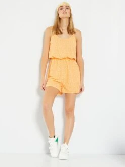 Mono Corto De Tirantes Vaporoso Estampado - NARANJA -Zalaris Tienda mono corto de tirantes vaporoso estampado naranja zp451 4 frb3