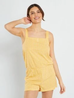 Mono De Pijama Con Estampado De 'vichy' - Amarillo -Zalaris Tienda mono de pijama con estampado de vichy amarillo alb01 1 frb3