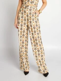 Pantalón Ancho De Lino Con Estampado - BEIGE