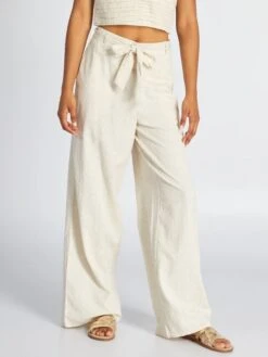 Pantalón Ancho De Lino Efecto Plumeti - BEIGE