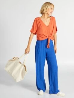 Pantalón Ancho De Punto Gofrado - AZUL