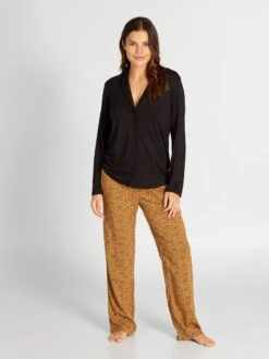 Pantalón De Pijama Vaporoso Con Estampado - MARRON -Zalaris Tienda pantalon de pijama vaporoso con estampado marron amn89 4 frb3