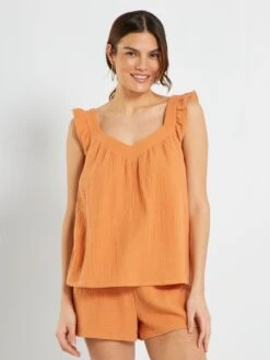 Pijama Corto De Gasa De Algodón - 2 Piezas - NARANJA