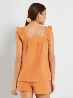 Zalaris Tienda -Zalaris Tienda pijama corto de gasa de algodon 2 piezas naranja zr893 3 frb2