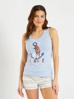 Pijama Corto De Punto - 2 Piezas - Gris/azul