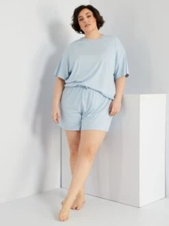 Pijama Corto De Punto De Canalé - 2 Piezas - AZUL