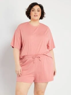 Pijama Corto De Punto De Canalé - 2 Piezas - Rosa