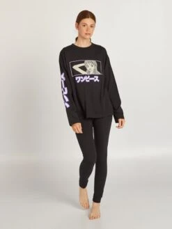 Pijama Largo - Estampado 'One Piece' - 2 Piezas - Negro
