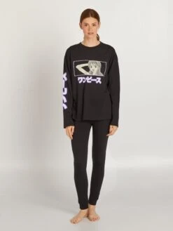 Pijama Largo - Estampado 'One Piece' - 2 Piezas - Negro -Zalaris Tienda pijama largo estampado one piece 2 piezas negro aul69 1 frb4