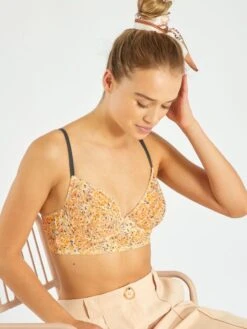 Sujetador Bustier De Tul Estampado - BLANCO