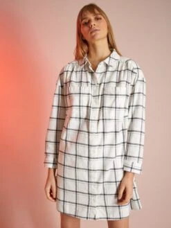 Vestido Camisero De Franela - BLANCO