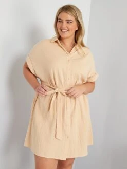 Vestido Camisero De Gasa De Algodón - BEIGE
