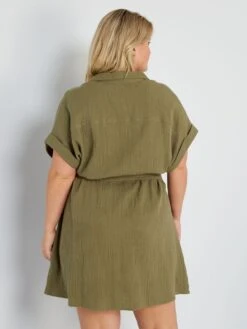 Vestido Camisero De Gasa De Algodón - Verde Liquen -Zalaris Tienda vestido camisero de gasa de algodon verde liquen zn797 9 frb3