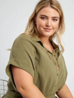 Vestido Camisero De Gasa De Algodón - Verde Liquen -Zalaris Tienda vestido camisero de gasa de algodon verde liquen zn797 9 frb4