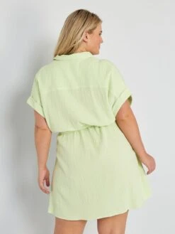 Vestido Camisero De Gasa De Algodón - VERDE -Zalaris Tienda vestido camisero de gasa de algodon verde zn797 10 frb3