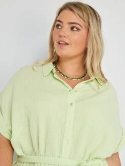 Vestido Camisero De Gasa De Algodón - VERDE -Zalaris Tienda vestido camisero de gasa de algodon verde zn797 10 frb4