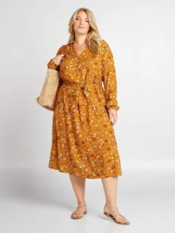 Vestido Camisero Midi Con Estampado All Over - MARRON