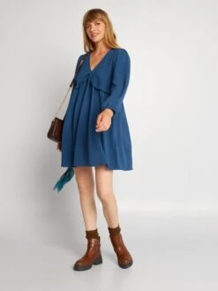 Vestido Corto Con Volante Texturizado - Azul