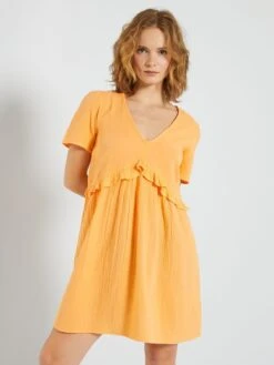 Vestido Corto De Gasa De Algodón - Naranja Albaricoque