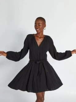 Vestido Corto De Gasa De Algodón - Negro