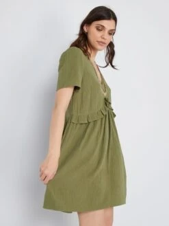 Vestido Corto De Gasa De Algodón - Verde Liquen