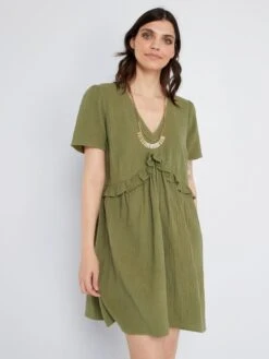 Vestido Corto De Gasa De Algodón - Verde Liquen -Zalaris Tienda vestido corto de gasa de algodon verde liquen zn774 9 frb6