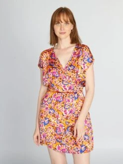 Vestido Cruzado De Flores - NARANJA